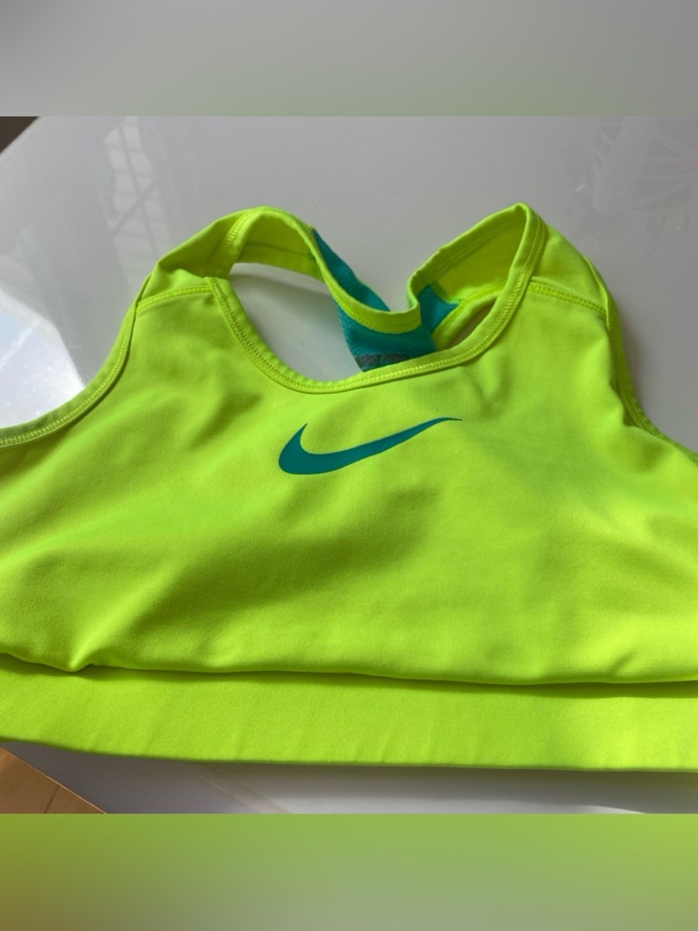 Nike Neon green Sports Bra with Teal Swoosh youth XL Dri fit